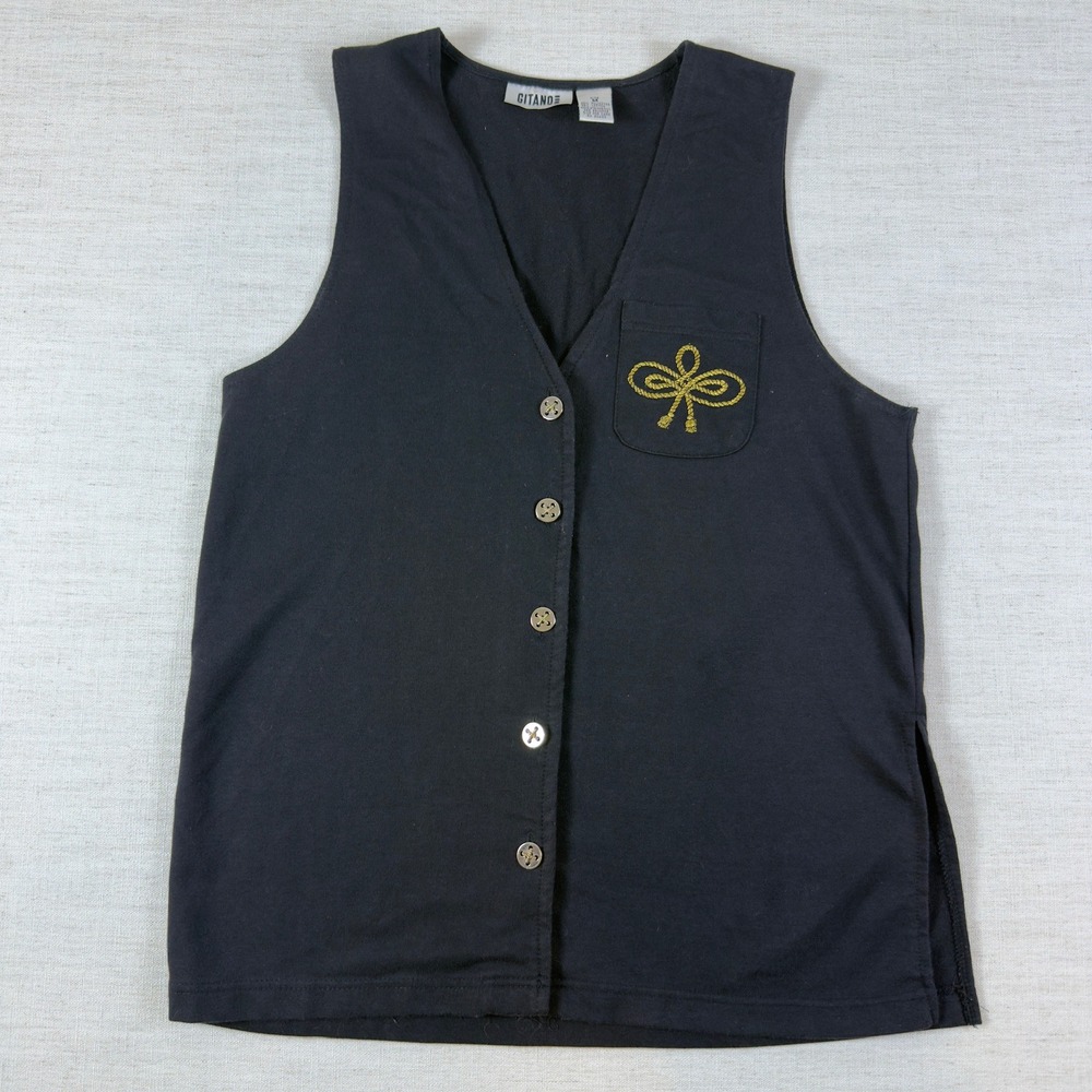 Gitano Vintage Black Vest Medium Gold Bow Embroidery Button Front Jersey Knit